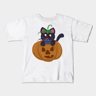 Vampire cat in a spooky halloween pumpkin Kids T-Shirt